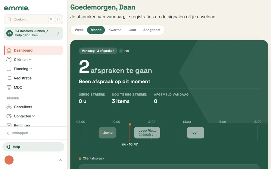 Het dashboard met de nieuwe zijbalk, hier in de weergave Mijn caseload