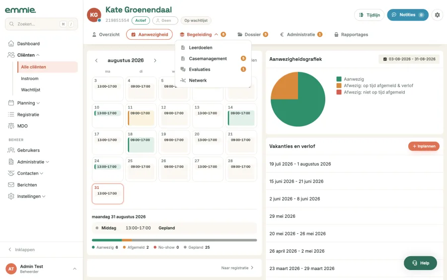Het menu Begeleiding met Leerdoelen, Casemanagement, Evaluaties en Netwerk