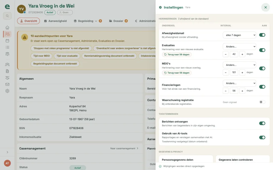 Het instellingenpaneel van een cliënt met herinneringen en toestemmingen