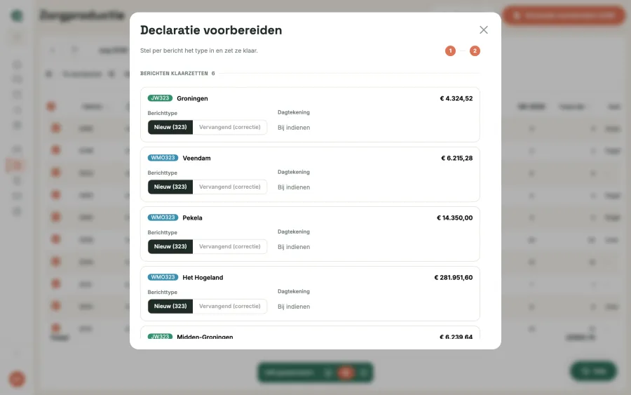 Stap 2 van de wizard: per bericht het type kiezen en klaarzetten