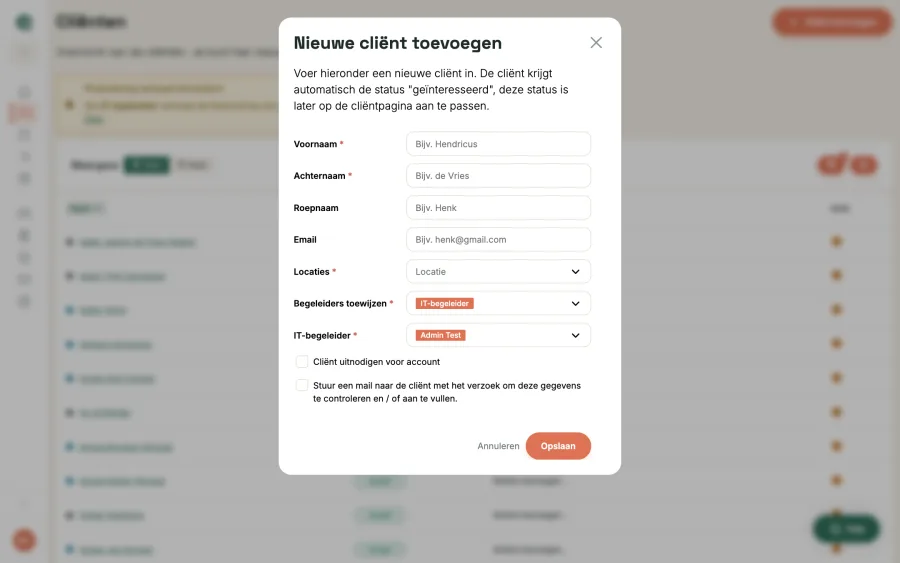 Het formulier Nieuwe cliënt toevoegen in de nieuwe vormgeving