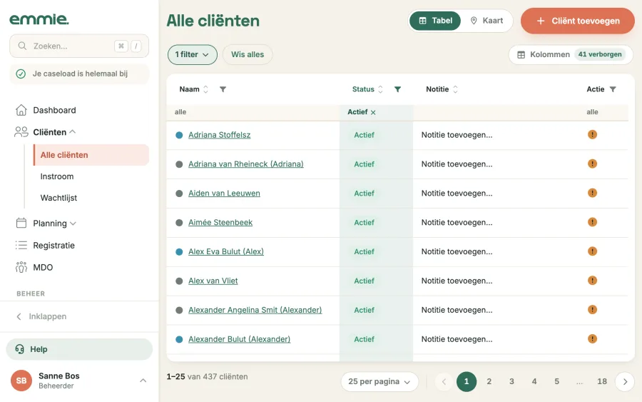 Het cliëntenoverzicht met filters in de kolomkop en de knop Kolommen