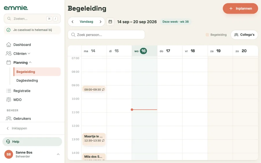 Het weekrooster begeleiding met de momenten van de week