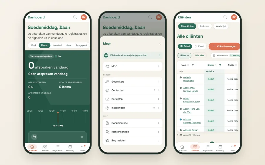 Emmie op een telefoon: het dashboard met de tabbalk, het blad Meer, en het cliëntenoverzicht met de subpagina’s bovenin