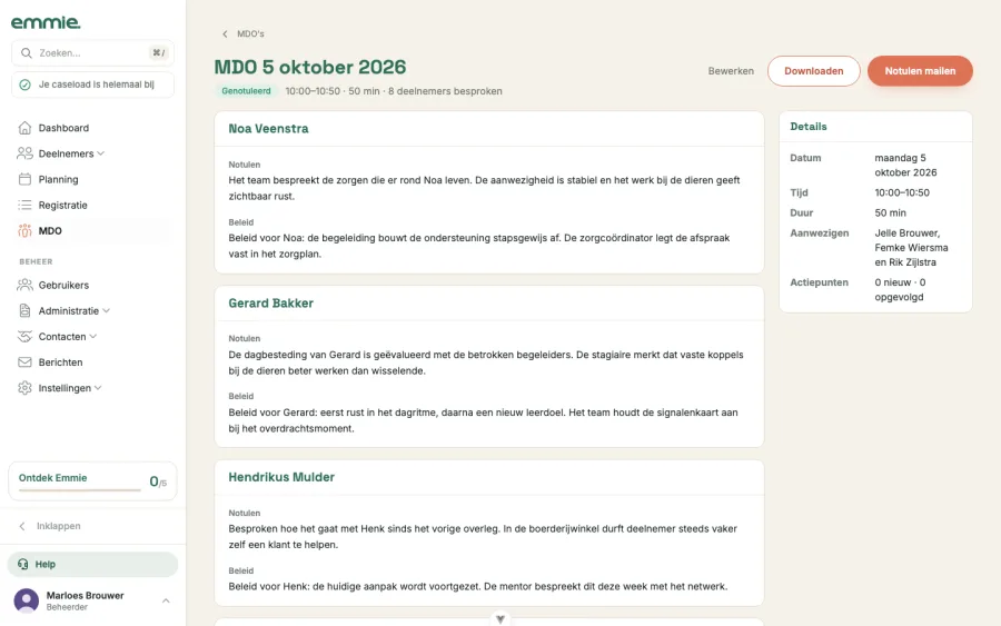 De notulenpagina van een afgerond MDO: per cliënt de notulen en het beleid, rechts de details en de knoppen Downloaden en Notulen mailen