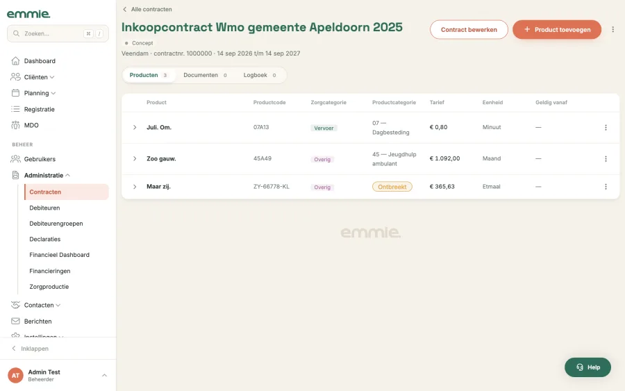 Een contract met het tabblad Producten: per product het geldende tarief en de geschiedenis