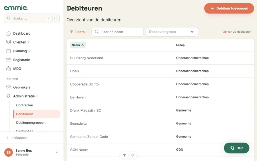 De debiteurenpagina met per debiteur de groep: onderaannemerschap of gemeente