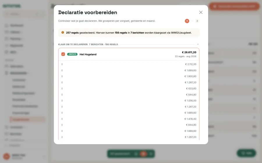 De wizard Declaratie voorbereiden met de regels per gemeente en de regels die niet mee kunnen