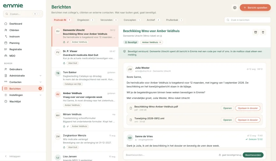 Ontwerp van de berichtenmodule: een postvak, een beveiligd bericht van de gemeente en bijlagen die je in het dossier opslaat