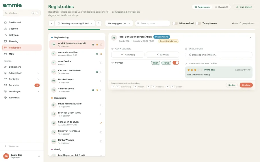 Ontwerp van de nieuwe registratiepagina: links de caseload van vandaag, rechts de registratie van de gekozen cliënt