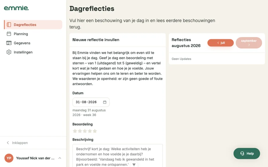 Het cliëntportaal met het formulier voor een dagreflectie: datum, beoordeling in sterren en beschrijving